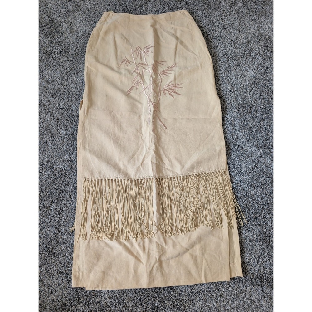 Vintage Designer Sue Wong Silk Linen Bamboo Embroidered Fringe Maxi Skirt Beige